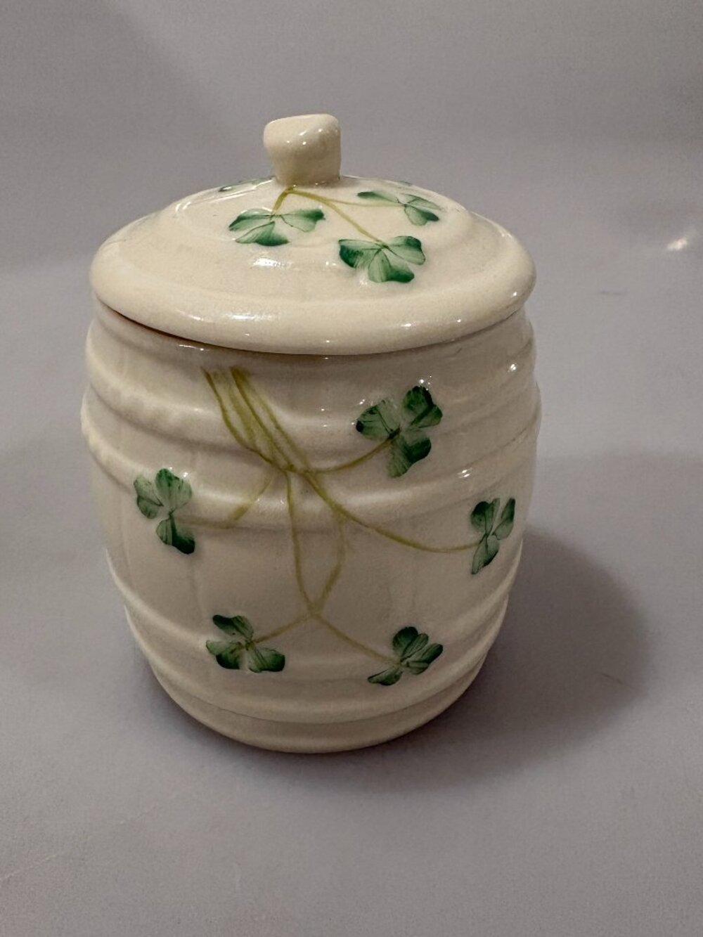 Belleek Shamrock Marmalade Jam Honey Lidded Barrel Jar 7th Mark 89-93 Porcelain